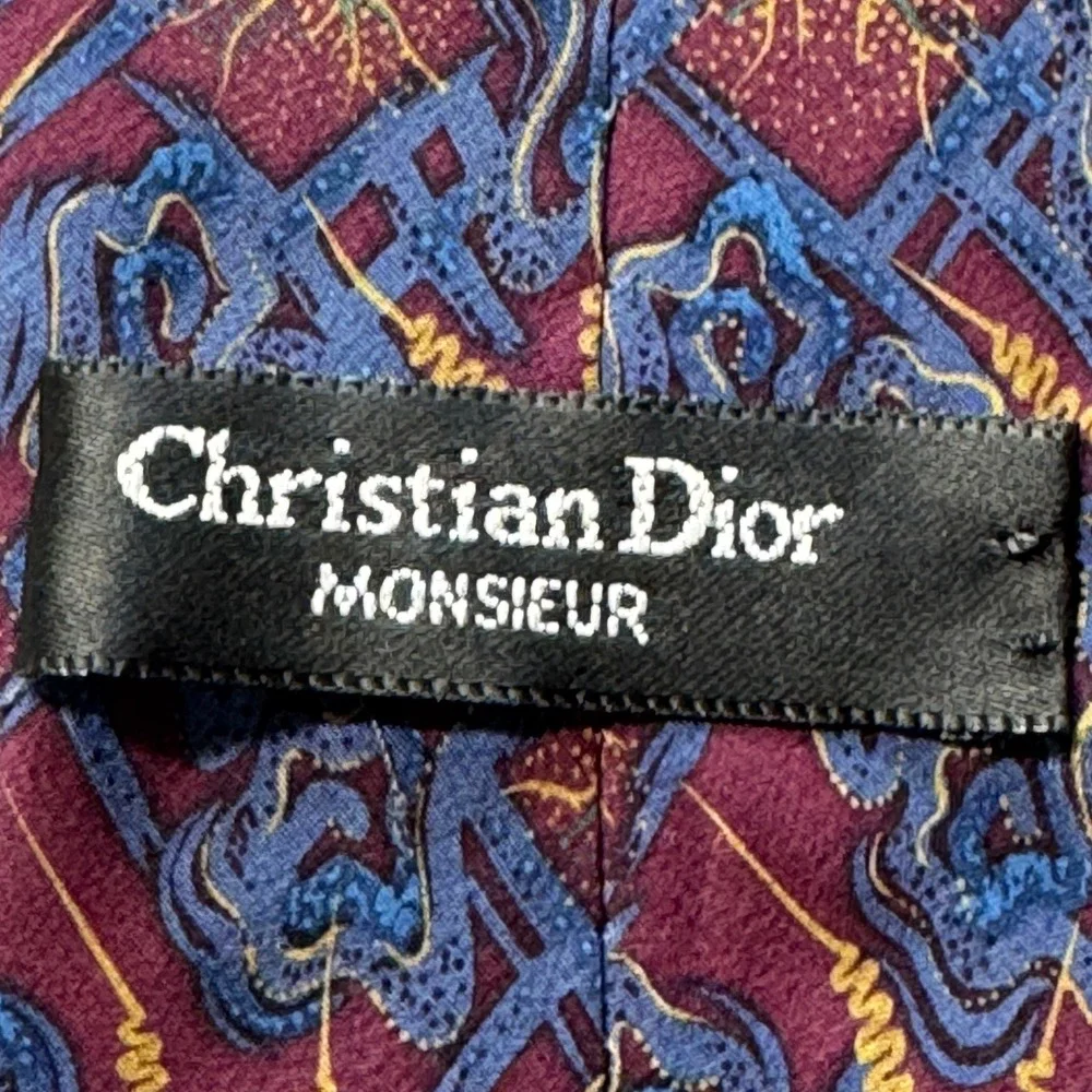 Christian Dior Tie Mens OS Burgundy Blue Abstract Silk Vintage Designer Academic